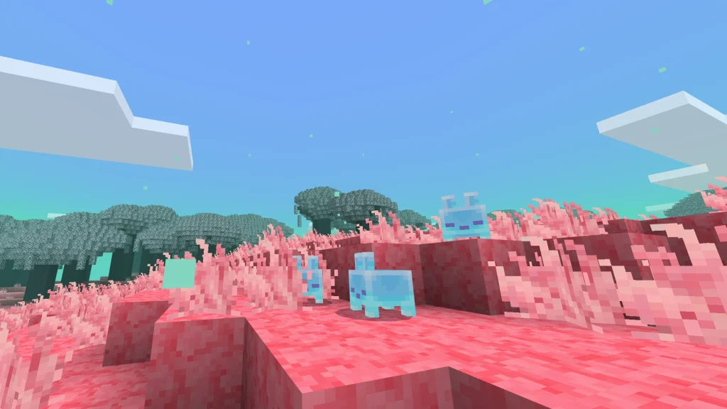 Pink Meadow biome with Sift rabbits in Minecraft Bedrock