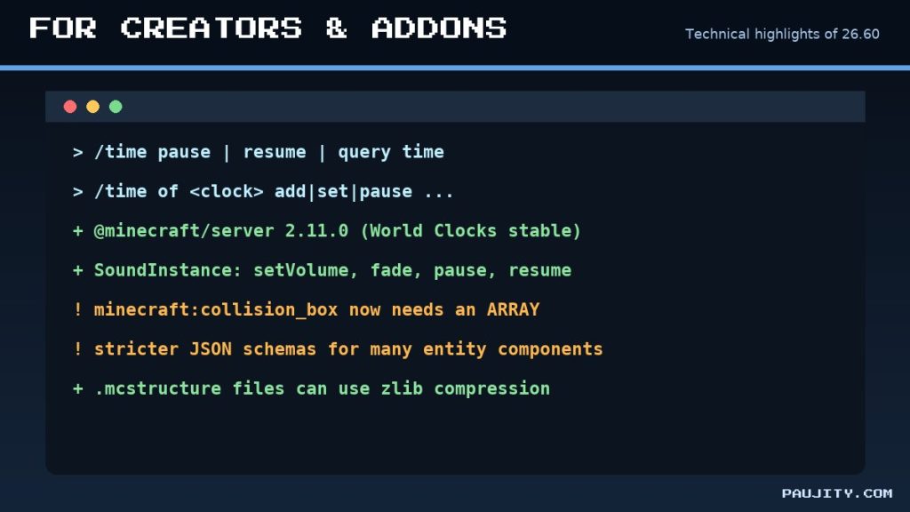 Minecraft Bedrock 26.60 technical changes for addon creators: time commands and Script API 2.11.0