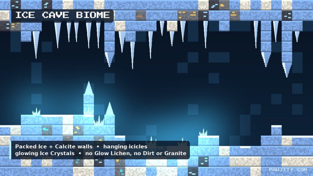 Minecraft 26.60 Ice Cave biome with packed ice, calcite, icicles and glowing ice crystals