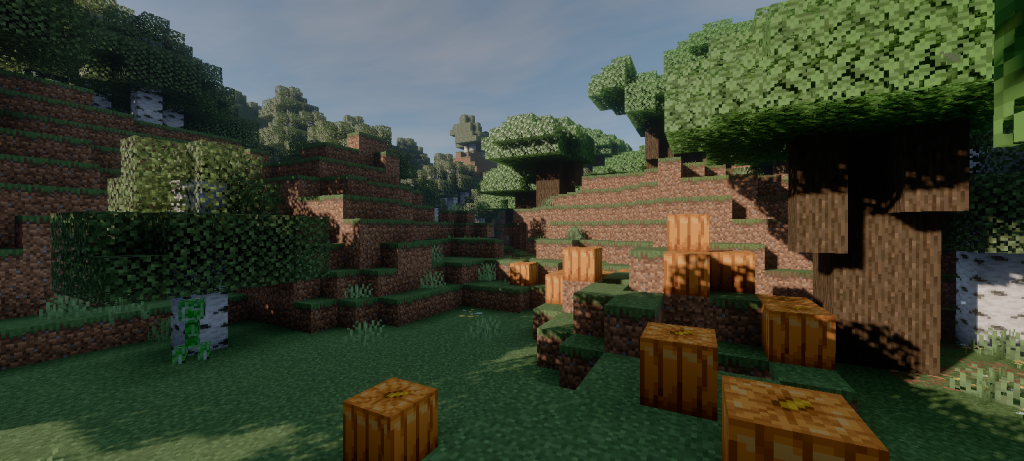 Minecraft Bedrock village with wheat and cherry trees under Mirai Shader evening sky