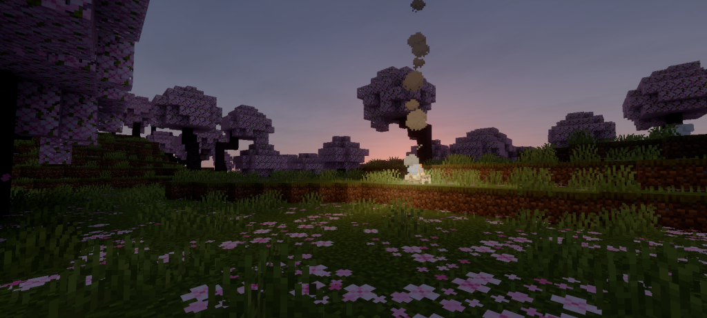 Tall grass and cherry trees on a hillside with Mirai Shader lighting