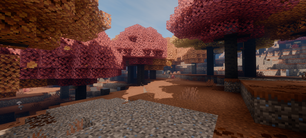 Dappled forest at noon in Minecraft Bedrock with Mirai Shader